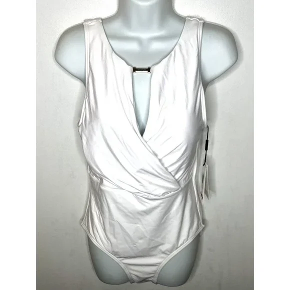 Calvin Klein $108 High Neck Tummy Control One Piece Swimsuit White Size 10 - Picture 2 of 6
